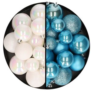 Kerstballen 60x stuks - mix parelmoer wit/ijsblauw - 4-5-6 cm - kunststof - Kerstbal