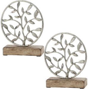 2x Stuks decoratie levensboom rond van aluminium op houten voet 20 cm zilver