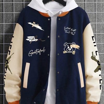 Bon&Bon Men's Cartoon Bear Print Bomber Jacket | Black Casual Coat Navy Blue / M
