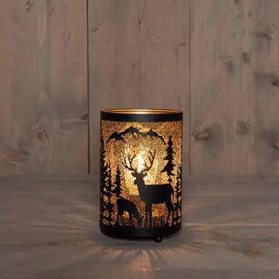 Lantaarn met rendier/bergen d10,5h16 cm zwart/goud - Annas collection