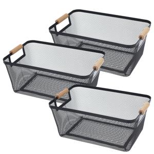 Opbergmand - 3x - met handgrepen - zwart - metaal - 35 x 23 x 16 cm - draadmand