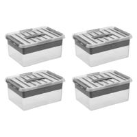Q-line opbergbox met inzet 15L - Set van 4 - Transparant/grijs