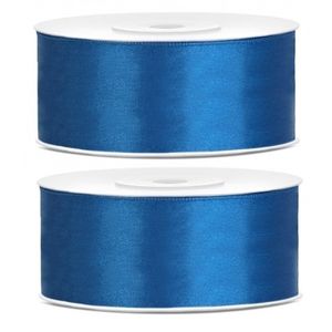 2x Hobby/decoratie kobalt blauwe satijnen sierlinten 2,5 cm/25 mm x 25 meter