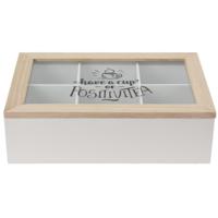 Theedoos - wit/bruin - 6 vakken - 24 x 16 x 7 cm - hout - theekist