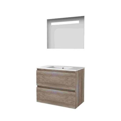 Basic-Line Economic 46 Badkamermeubelset - 80 x 46 cm - Greeploos - 2 Lades - Keramische Wastafel - 1 Kraangat - Spiegel met LED Verlichting - Scotch Oak