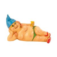 Tuinkabouter vrouw beeld Happy Nudist - Polystone - Naakte liggend blauwe muts - 23 cm