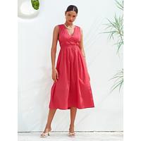 Roserode damesjurk met paper touch, katoenen midi-jurk met strik op de rug en v-hals - thumbnail