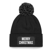 Kerst muts met pompom - Merry Christmas - zwart - one size - unisex - Kerstmuts