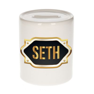 Naam cadeau spaarpot Seth met gouden embleem Naam cadeau spaarpot Seth met gouden embleem