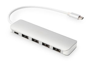 Digitus DA-70242-1 USB 3.2 Gen 1-hub 4 + 1 poorten Met snellaadpoort, Met USB-C stekker, Met aluminium behuizing Zilver