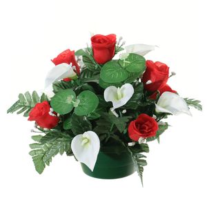 Louis Maes Kunstbloemen plantje in pot - wit/rood - 26 cm - Bloemstuk ornament - rozen met bladgroen - Kunstbloemen