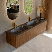 Mondiaz KURVE-DLUX 165 cm Onderkast Greeploos 2 Lades Met Deuren Walnut, Wastafel Solid Surface Links Lava 2 Kraangaten Zonder Spiegel (KRVSTS165R2L1D2KD-Wal/Lav)