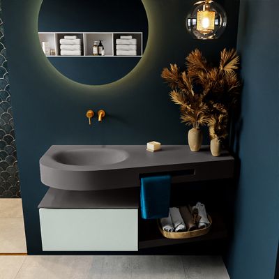 MONDIAZ RIVA 120cm badmeubel onderkast / planchet kleur Greey met 1 lade. Wastafel DULCET links 0 kraangaten kleur Dark_Grey. MONDIAZ RIVA 120cm badmeubel onderkast / planchet kleur Greey met 1 lade. Wastafel DULCET links 0 kraangaten kleur Dark_Grey.