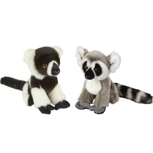 Apen serie zachte pluche knuffels 2x stuks - Ringstaart Maki en Lemur Aapje van 18 cm