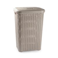 Plasticforte Wasmand met deksel - 60 liter - taupe - rotan - kunststof - L35 x B43 x H62 cm - thumbnail