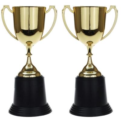 Gouden trofee/prijs beker met oren - 2x - 22 cm - met ruimte voor tekst - kunststof