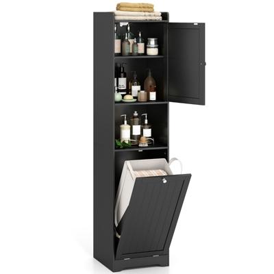 Bad Hochschrank met Wasmand & Verstelbare Plank Badkamerkast Badkast Zwart