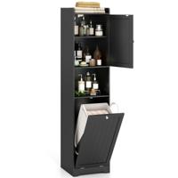 Bad Hochschrank met Wasmand & Verstelbare Plank Badkamerkast Badkast Zwart