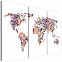 Schilderij - Wereldkaart- Pixels, 3luik , multikleur , premium print op canvas - thumbnail