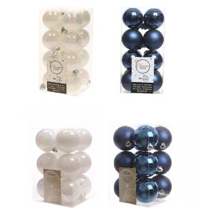 Kerstversiering kunststof kerstballen mix donkerblauw/parelmoer wit 4 en 6 cm pakket van 80x stuks