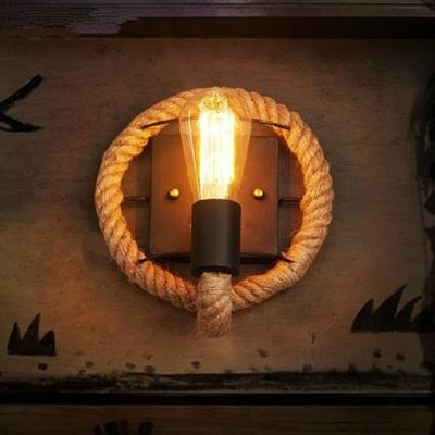 Vintage hennep touw Edison gloeilamp smeedijzeren muur lamp zonder lamp (ronde)