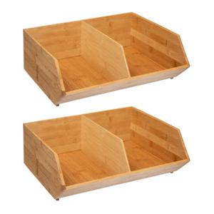 Stapelbare opbergmand 2 vaks - 3x - L35 x B31 x H12 cm - bamboe hout - lichtbruin - organizer