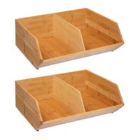 Stapelbare opbergmand 2 vaks - 3x - L35 x B31 x H12 cm - bamboe hout - lichtbruin - organizer - thumbnail