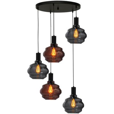 Masterlight 5-lichts vide hanglamp - zwart -Porto met Ball glazen - 2712-05-05-50-5-3311