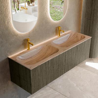 Badmeubel Mondiaz Kurve-Dlux | 140 cm | Meubelkleur Shadow | Wastafelkleur Arena | Solid surface | Wasbak beide zijden spoelbak | 2 kraangaten