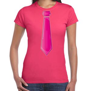 Verkleed t-shirt voor dames - stropdas roze - roze - carnaval - foute party - verkleedshirt