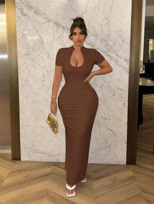 Black Ruched V-Neck Bodycon Maxi Dress | Elegant Short Sleeve Mocha Brown / S