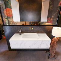 Badkamermeubelset Mondiaz Erin 120 cm met 1 Lade met RIDGE Wastafel Midden Linen Zonder Kraangaten Greeploos Mat Carrara