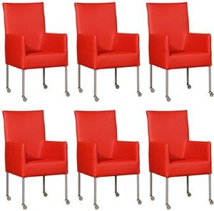 Set van 6 Felrode leren moderne eetkamerstoelen Spark - poot rond rvs met wiel - Toledo Leer Ferrari (felrood leer)