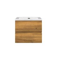 Badkamermeubel Callisto Diamond Hangend 60x50x48cm Mat Eiken 2 Lades Softclose Greeploos Mineraalmarmer Wastafel Zonder Kraangat Overloop - thumbnail