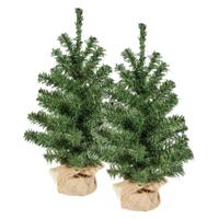 Everlands Mini kerstboompjes - 2x st - groen - 45 cm - in jute zak - kunstboom