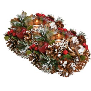 2x stuks kerst thema kaarsenhouders ornament bruin/rood van hout 18 cm