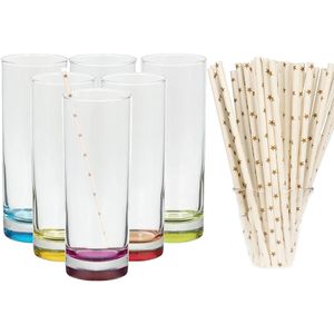 Set van 6x longdrinkglazen en 100x duurzame rietjes papier - 310 ml