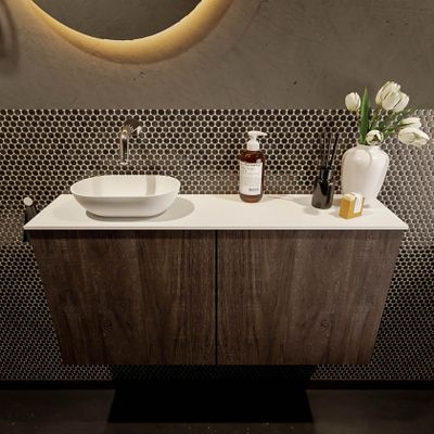 Mondiaz Fowy toiletmeubel 100cm dark brown met blad en waskom talc links zonder kraangat