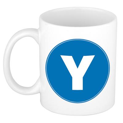 Koffie mok met de letter Y - beker - blauw - eerste letter van een voornaam - wit - 300 ml