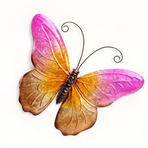 Wanddecoratie vlinder - roze - 44 x 32 cm - metaal - muurdecoratie/schutting