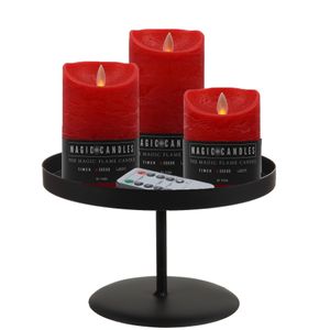 LED kaarsen/stompkaarsen - 3x st - rood - met zwart rond kaarsenbord 22 cm