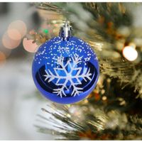 Gedecoreerde kerstballen - 12x st - 6 cm - kunststof - blauw - sneeuwvlok - thumbnail