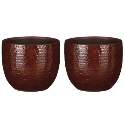 Plantenpot/bloempot Carrie - 2x stuks - terracotta - kastanje bruin - flakes patroon - D14/H12 cm Plantenpot/bloempot Carrie - 2x stuks - terracotta - kastanje bruin - flakes patroon - D14/H12 cm