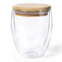 Thermische koffieglazen/theeglazen dubbelwandig - met bamboe deksel - 250 ml - thumbnail