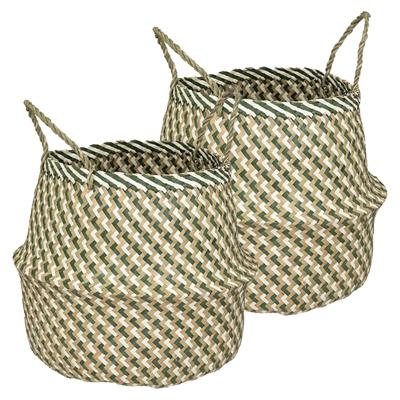 Opbergmand Elie - 2x - rond - riet - groen/bruin - 35 x 40 cm - opvouwbaar - decoratie mand