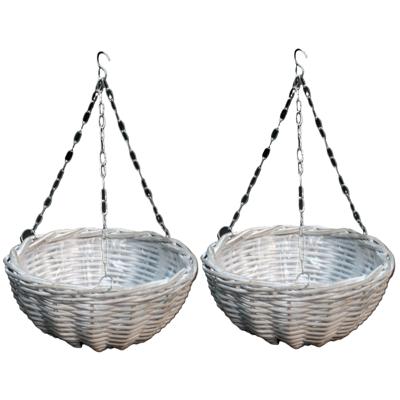 Hangmand - 2x - wit - D40 cm - wilg gevlochten - hangende plantenbak - aan ketting - plantenmand