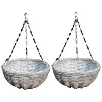 Hangmand - 2x - wit - D40 cm - wilg gevlochten - hangende plantenbak - aan ketting - plantenmand
