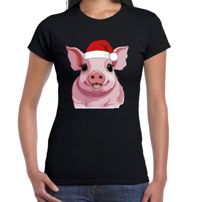 Kerst T-shirt voor dames - roze varken met kerstmuts - zwart - Kerstfeest Kerst T-shirt voor dames - roze varken met kerstmuts - zwart - Kerstfeest