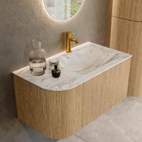 Mondiaz KURVE-DLUX 85 cm Onderkast Greeploos 1 Lade Met Deuren Oak, Wastafel Solid Surface Rechts Glace 1 Kraangat Zonder Spiegel (KRVCLO85L1L1D1KR-Oak/Gla)