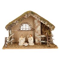 Complete kerststal met 3x st kerststal beelden - 42 x 19 x 30 cm - hout/polyresin - thumbnail